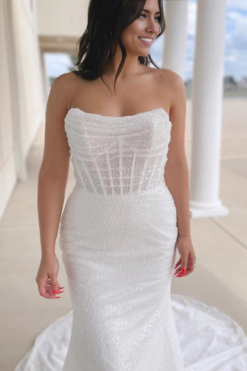 Wholesa Mermaid Sparkly Sequins Strapless Wedding Dresses